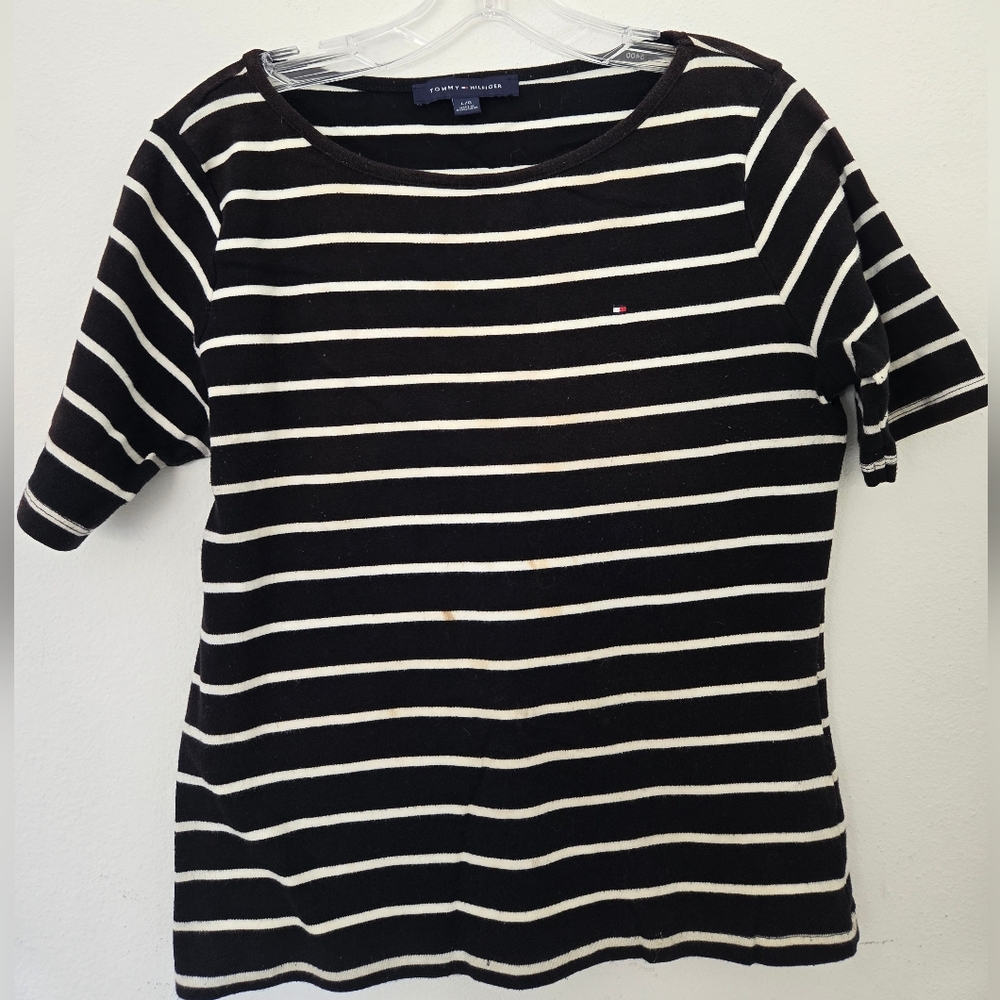 Tommy Hilfiger Black White Striped Short Sleeve Top Logo Tee Size Large